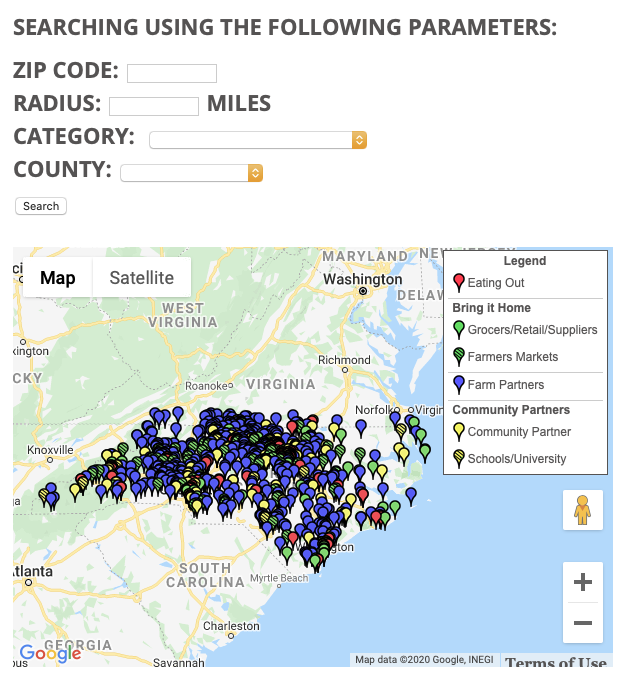 Screenshot of NC 10% Campaign local food map and search parameters; links to map. 