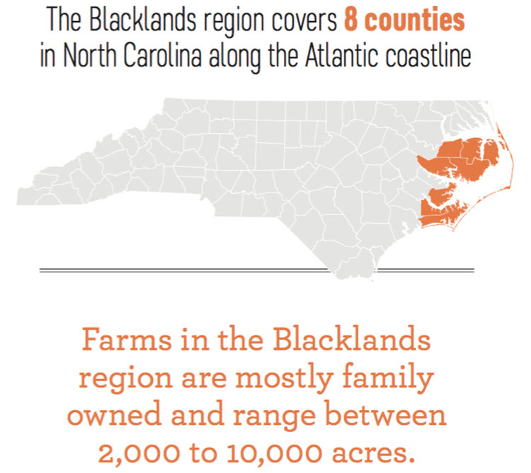 The Blacklands region covers 8 counties in North Carolina along the Atlantic coastline.