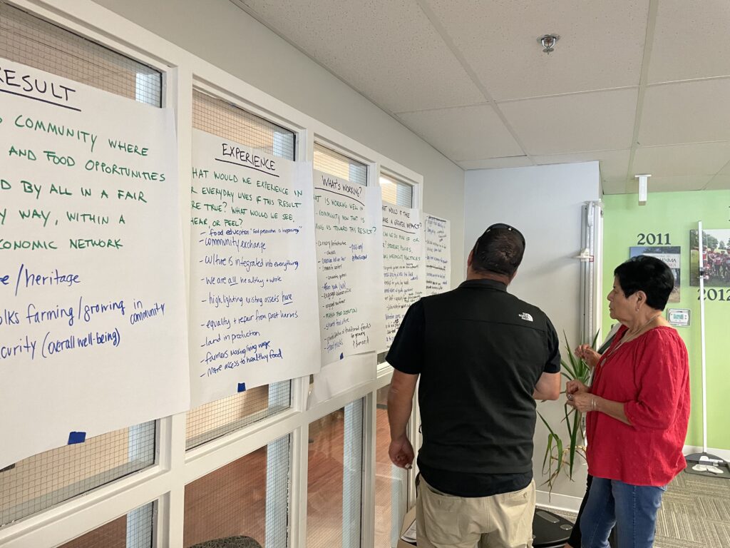 Two people discuss information written on large paper.